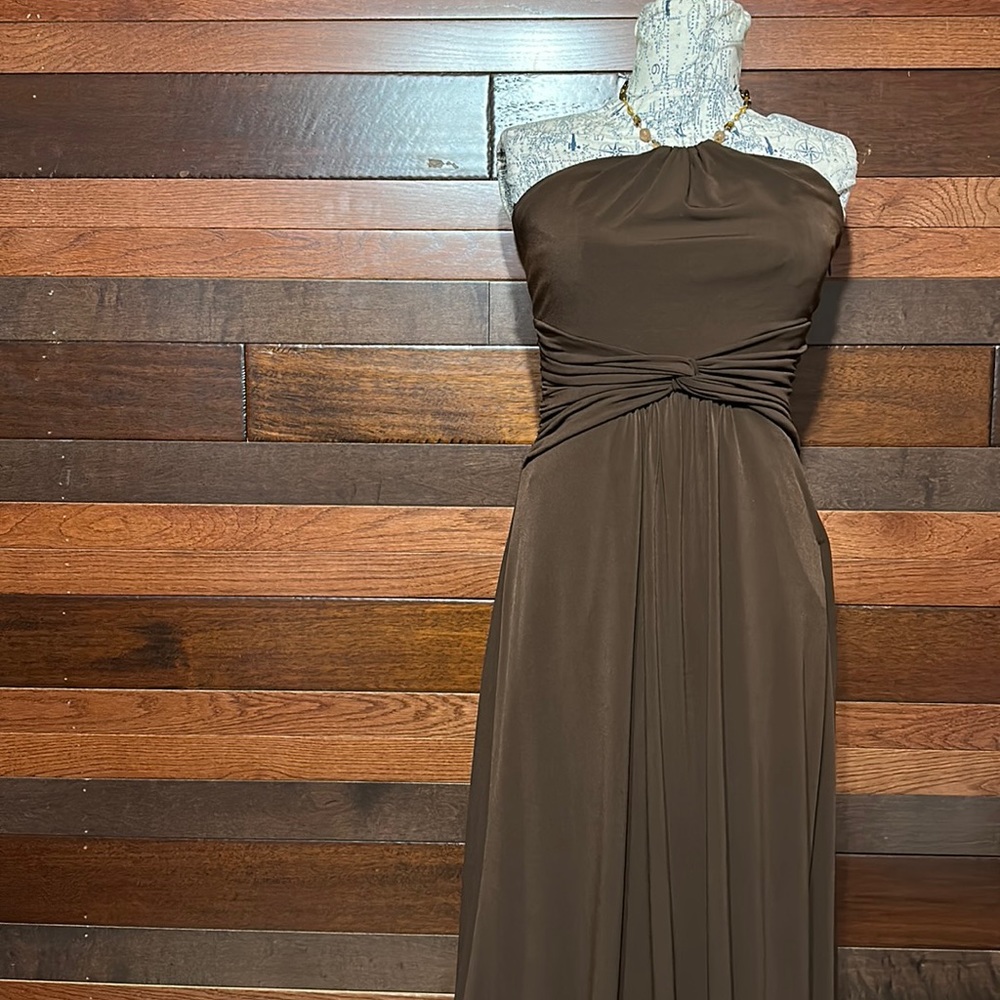 Laundry by Shelli Segal Beaded Tie Neck Chocolate Brown Sleeveless Maxi …